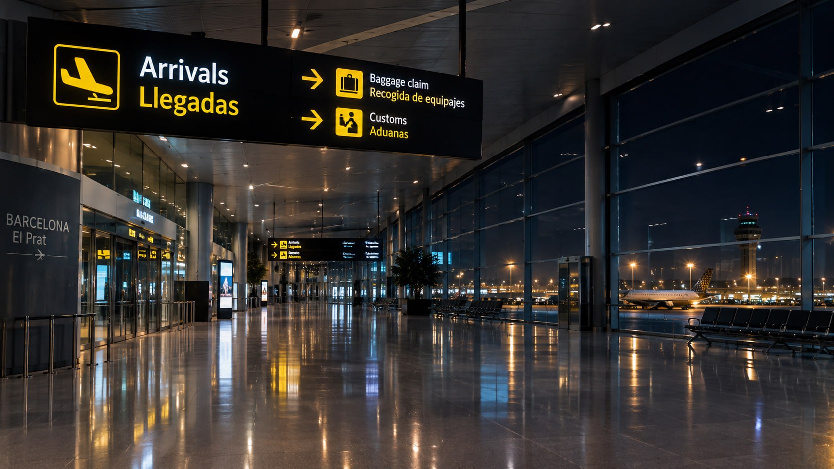 Indicadors cap a la recollida d'equipatges i la duana a la sala d'arribades del Prat