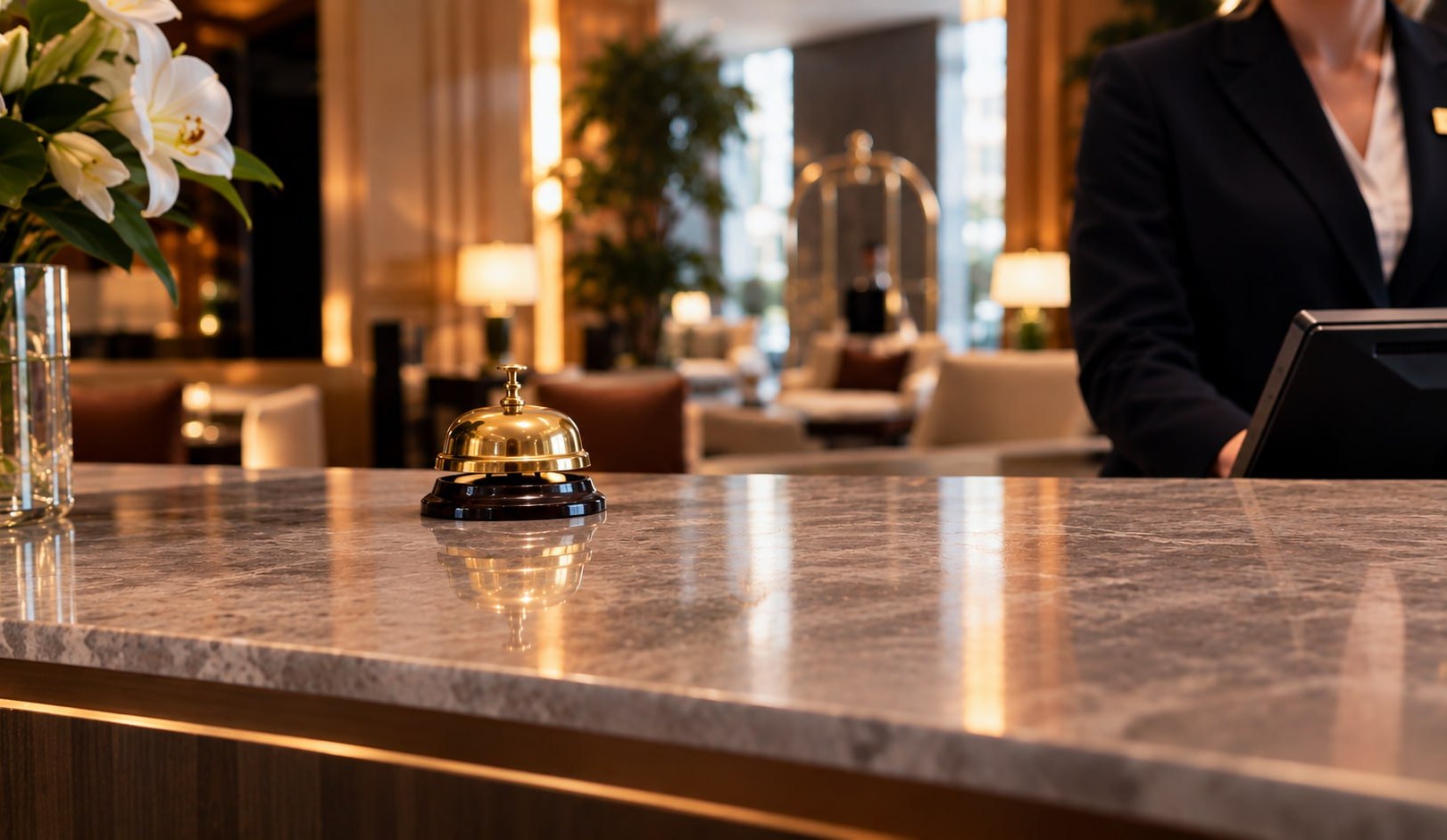 Recepció d'un hotel de Barcelona: el timbre del taulell i un recepcionista al darrere