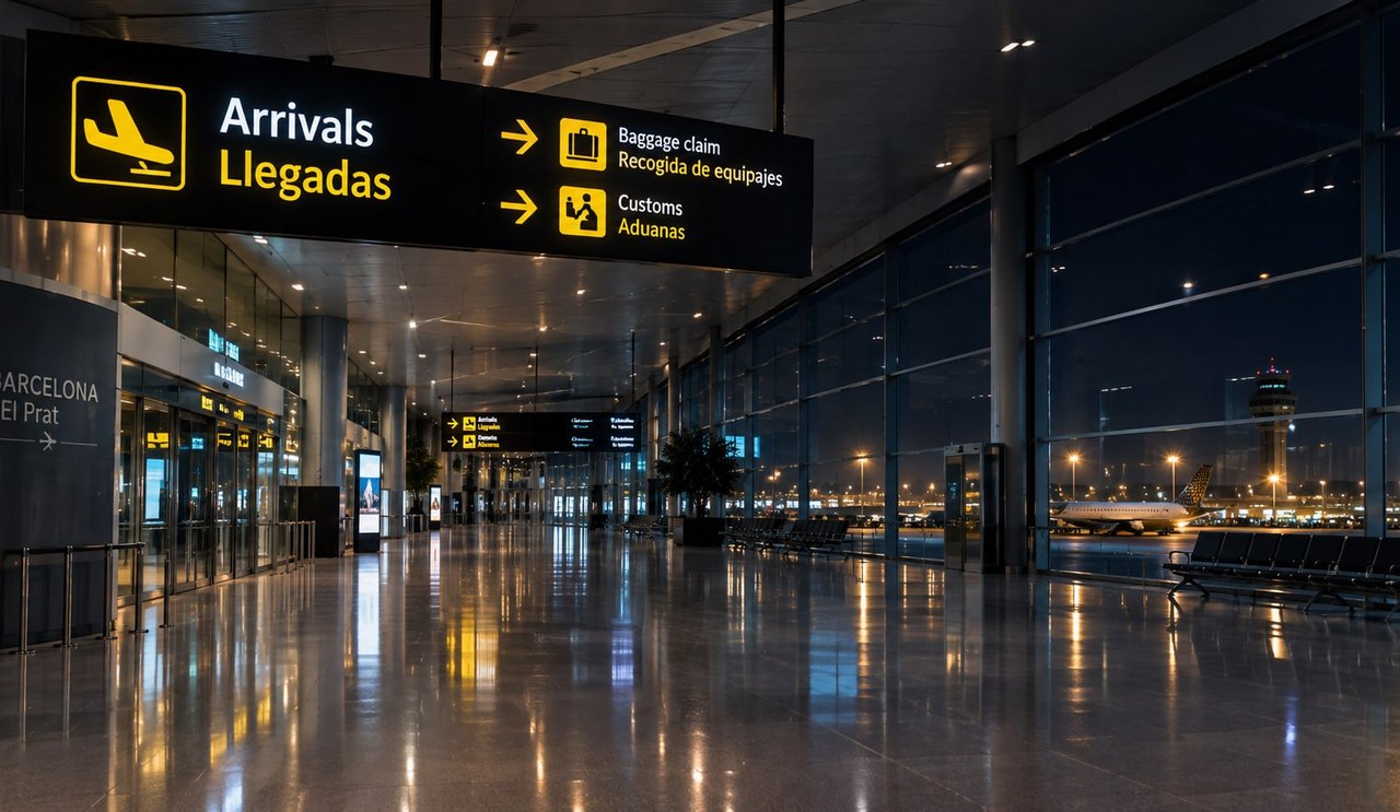 Ankunftshalle am Flughafen El Prat bei Nacht mit beleuchteten Llegadas-Schildern