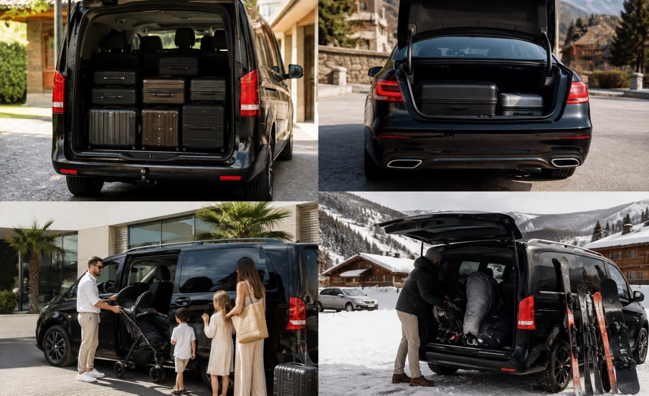 Luggage in Comfort and Van: suitcases, a stroller and skis
