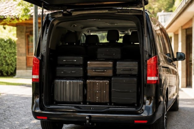Seis maletas grandes cargadas en el maletero de un Mercedes V-Class
