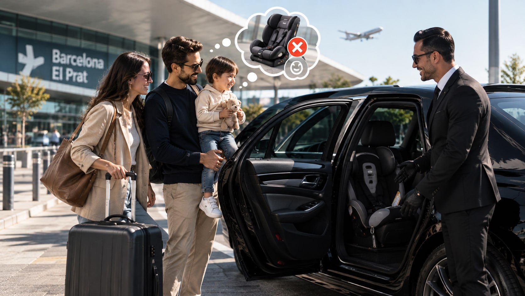 El conductor abre la puerta del coche con la silla infantil a una familia ante la terminal de El Prat