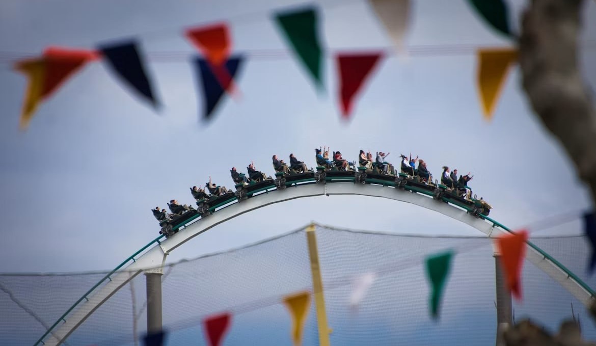 Roller coaster train at the top of the arc