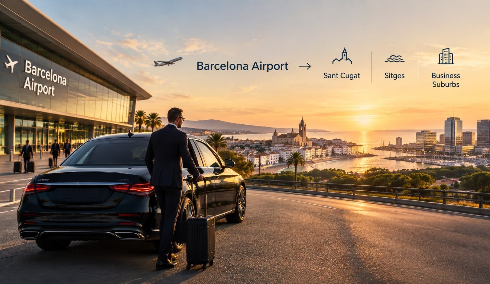 A car at a Barcelona Airport terminal, destinations: Sant Cugat, Sitges, business suburbs
