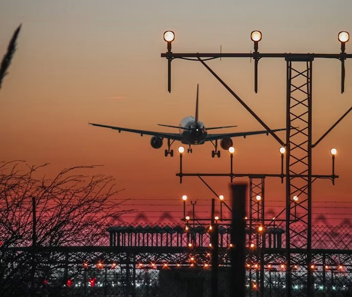 A flight on final approach to Barcelona-El Prat at dusk