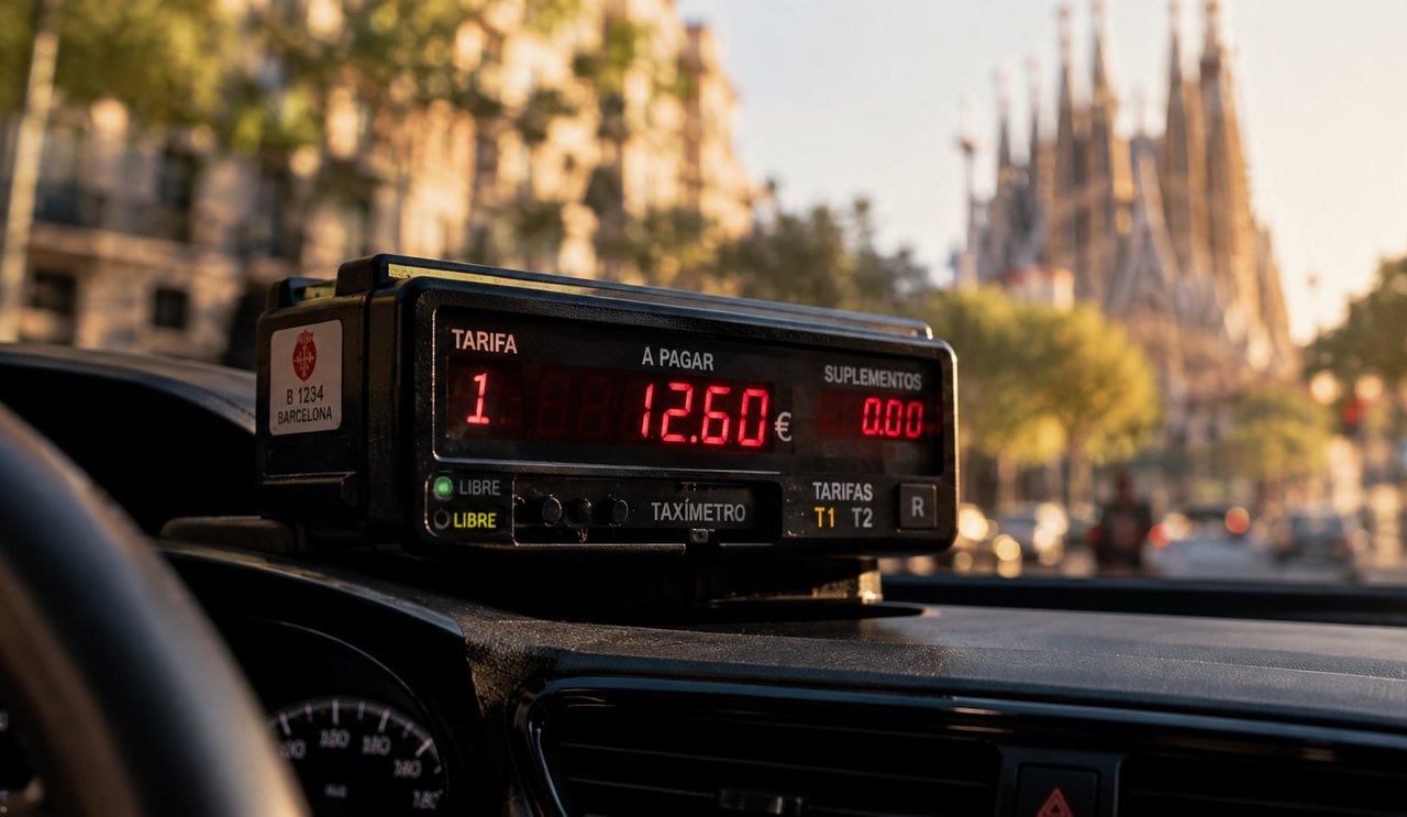 Taxímetre d'un taxi de Barcelona amb la tarifa, l'import i els suplements