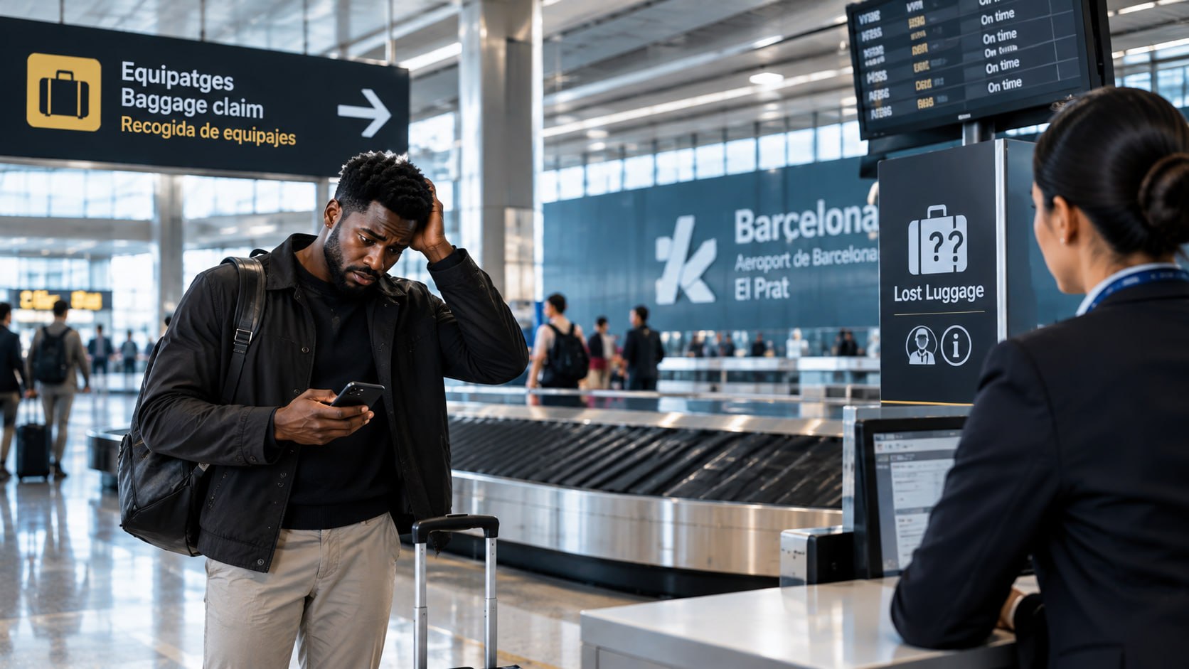Passatger vora la cinta d'equipatges i el tauler de Lost Luggage al Prat