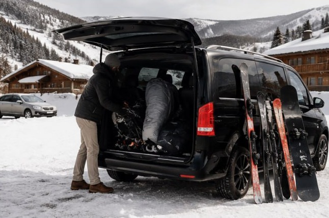 Esquís y una tabla de snowboard cargándose en una Van