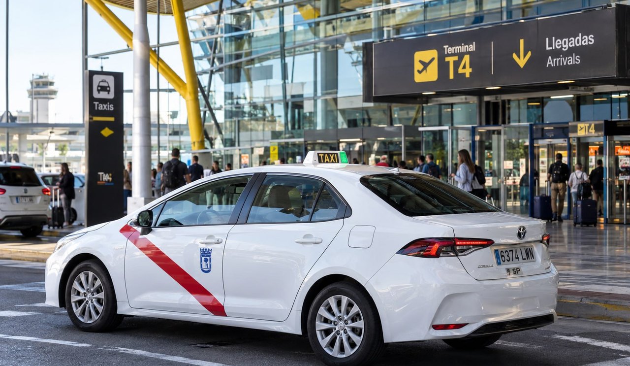 Taxi blanc de Madrid amb la franja vermella davant la Terminal 4 de Barajas